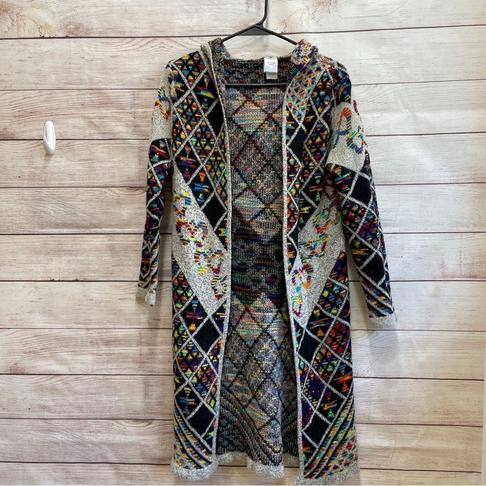 Long Open-Front Multicolor Knit Cardigan - Black & Ivory